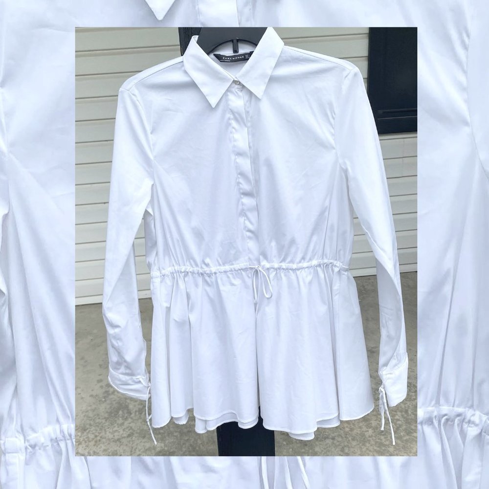 Zara White Button Down Peplum Shirt with Ties. Size S.